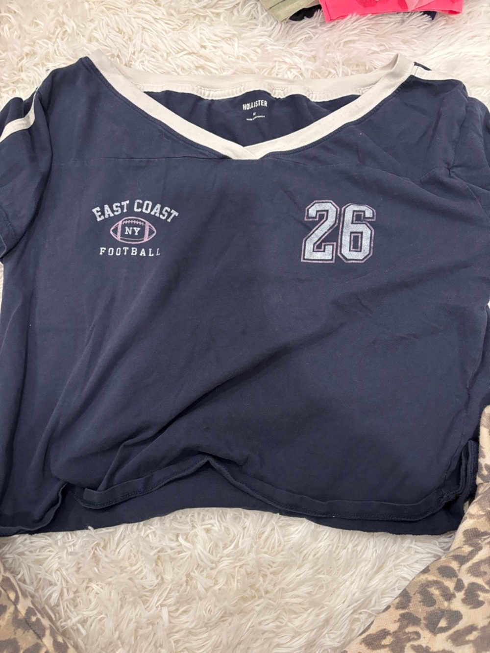 Hollister Navy V-Neck 'East Coast Football' Tee with Cream Trim